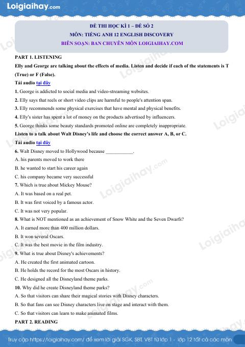 Đề thi học kì 1 Tiếng Anh 12 English Discovery - Đề số 2